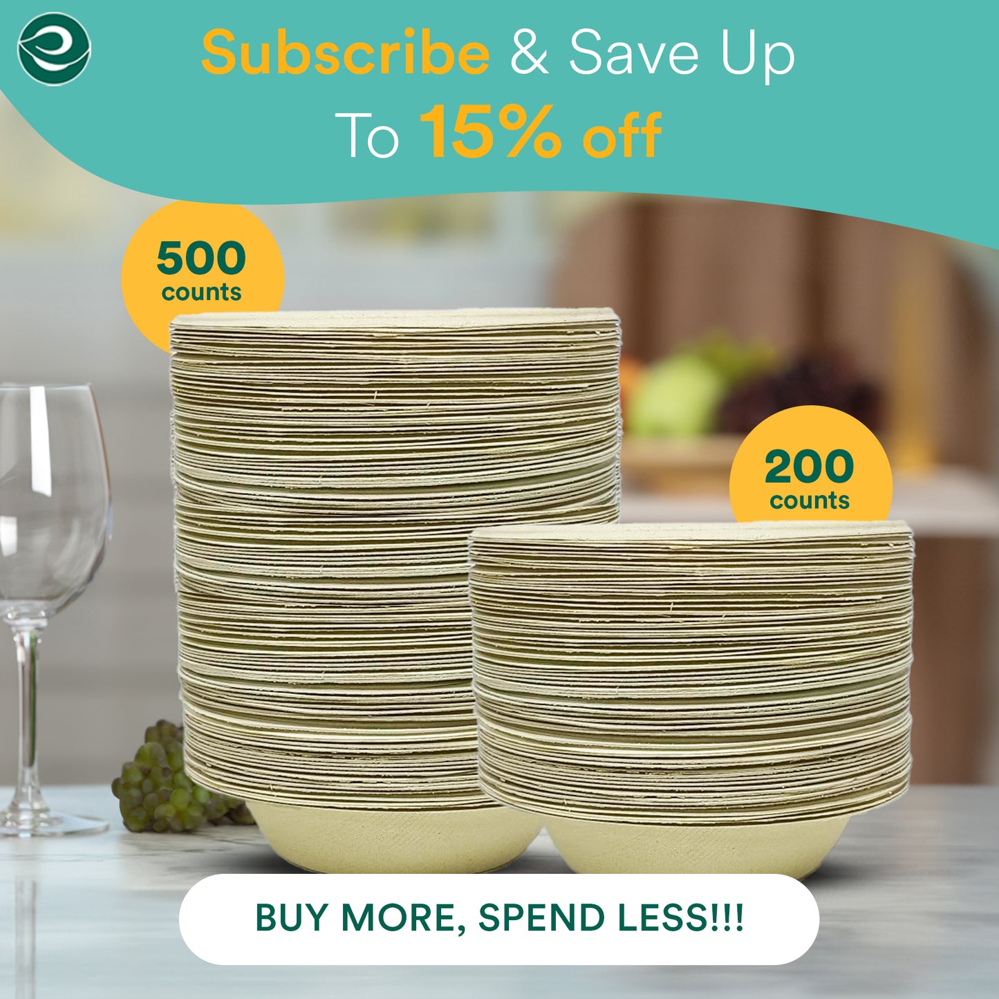 Compostable bagasse bowls in bundles set of 200 and 500 counts.