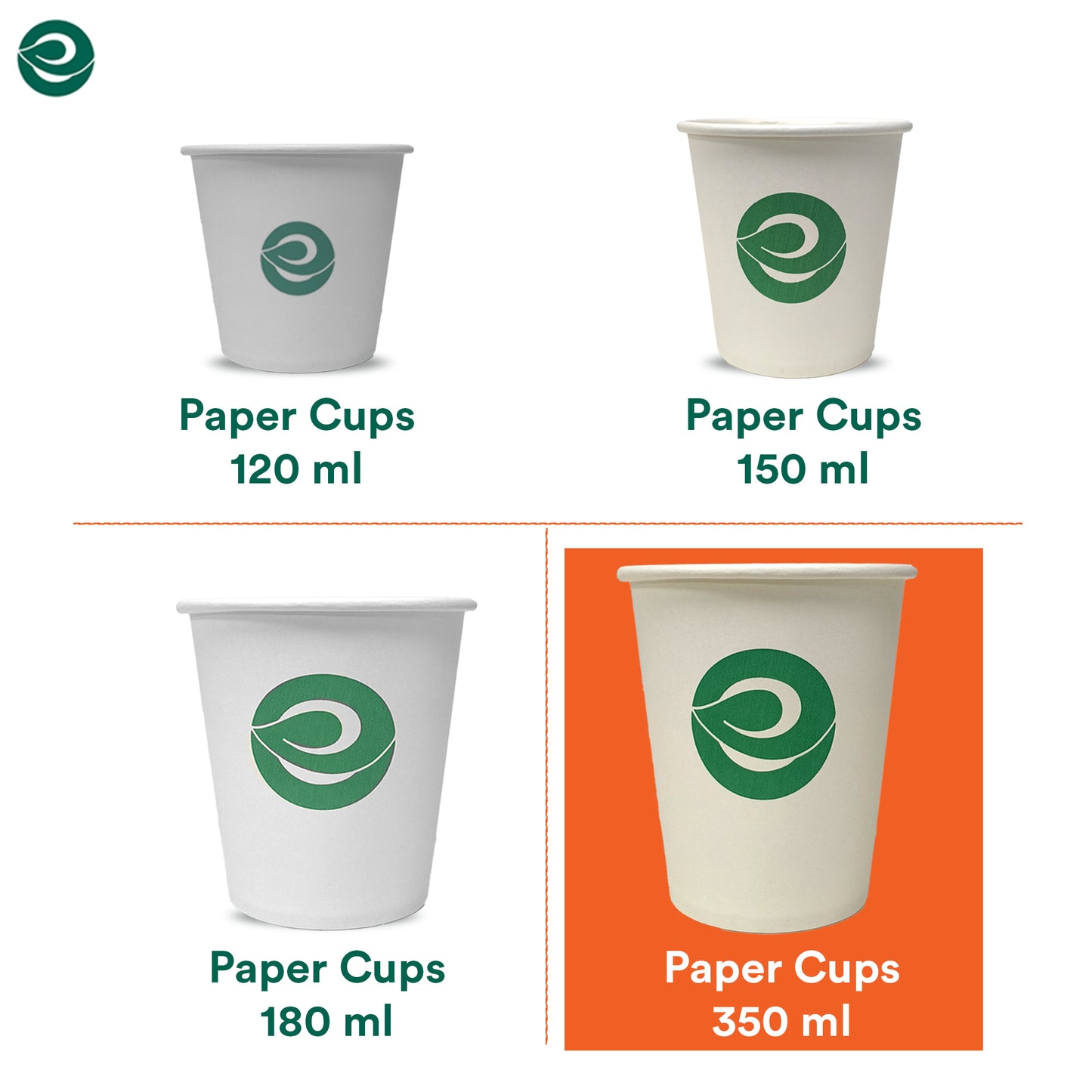 Eco-friendly disposable cups available in a variety of sizes.