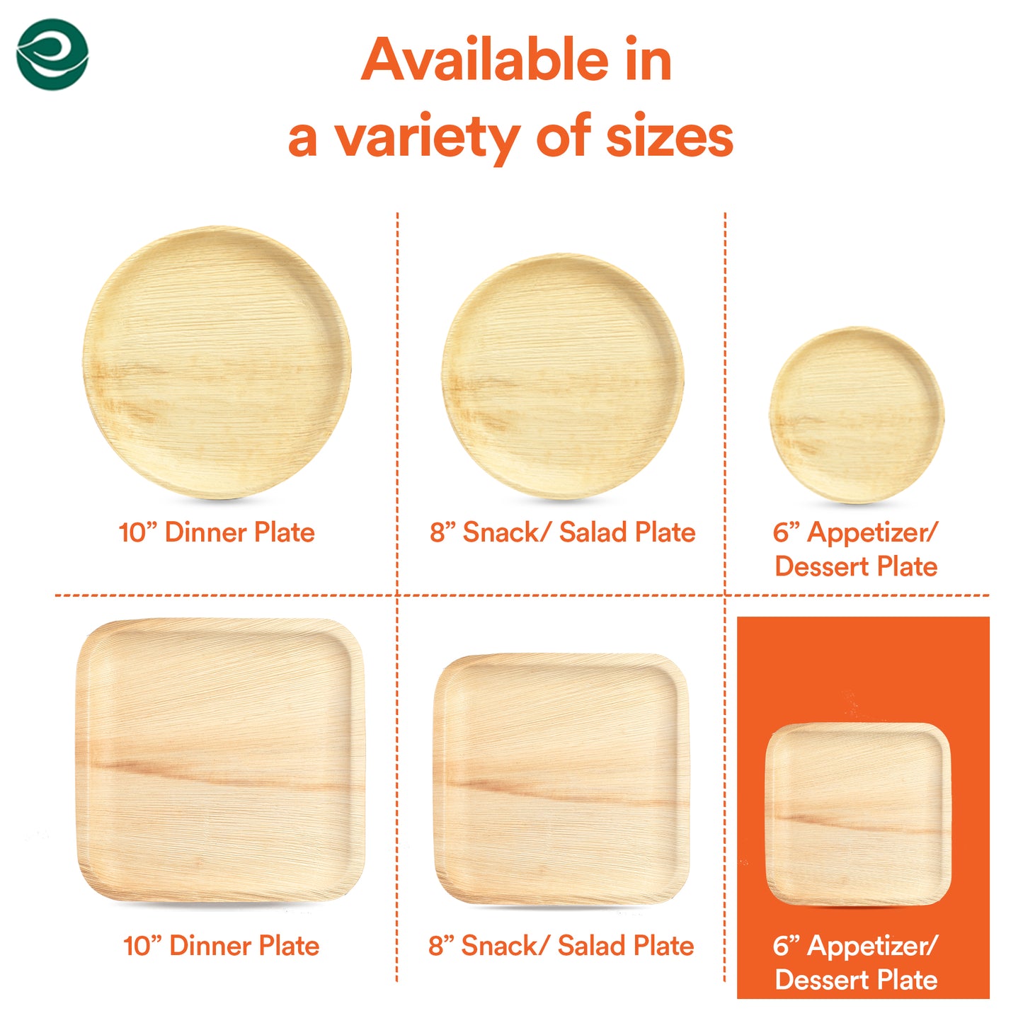 Palm leaf disposable plates available in a variety of sizes.