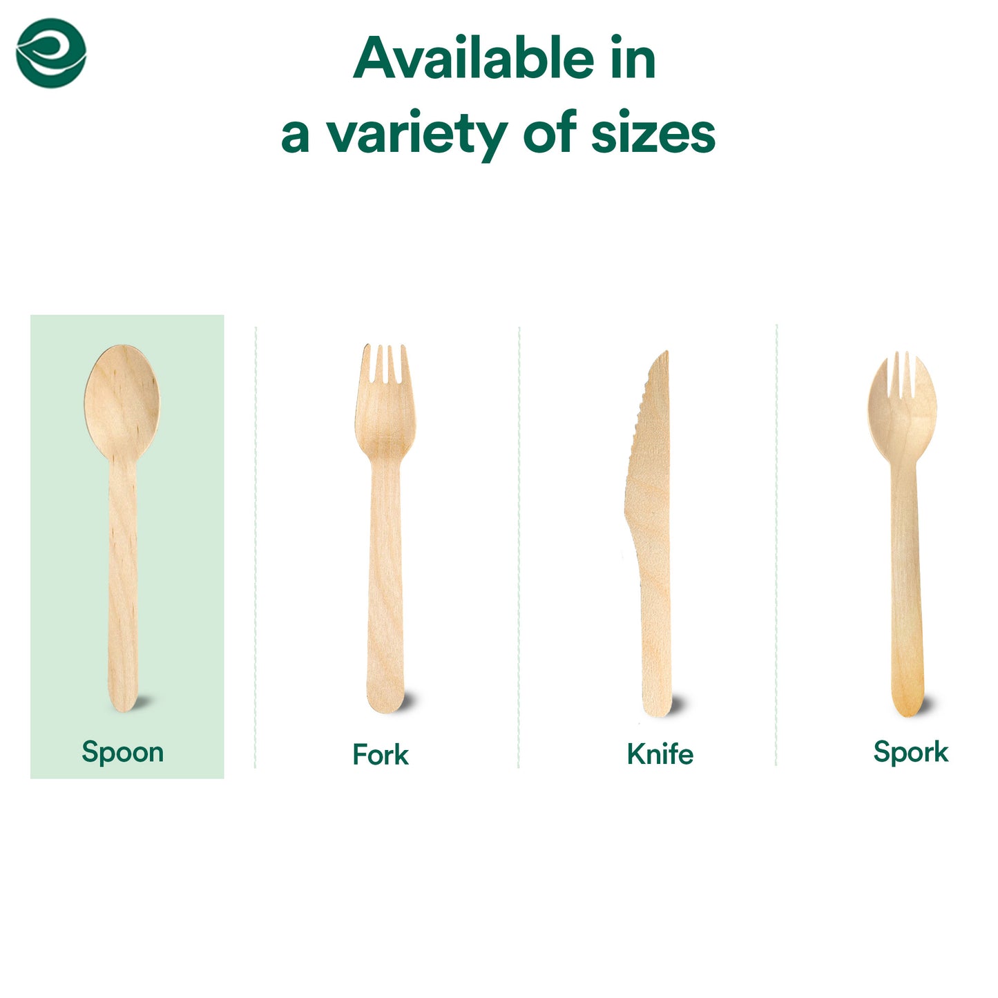 Eco-friendly birchwood cutlery set—spoon, fork, knife, spork in various sizes, displayed on a white background.