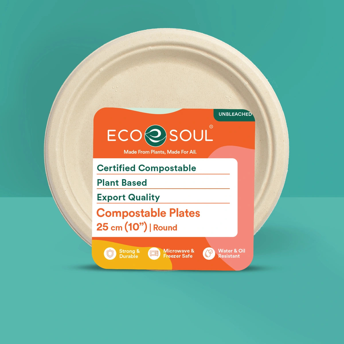 EcoSoul Home 10" round compostable plate made from plant-based materials—certified compostable, durable, and microwave-safe.