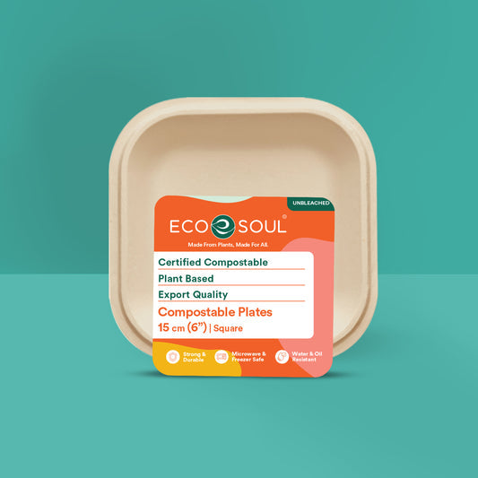 EcoSoul Home 6-inch square compostable plate, 15cm, plant-based, unbleached, microwave-safe, durable, eco-friendly tableware