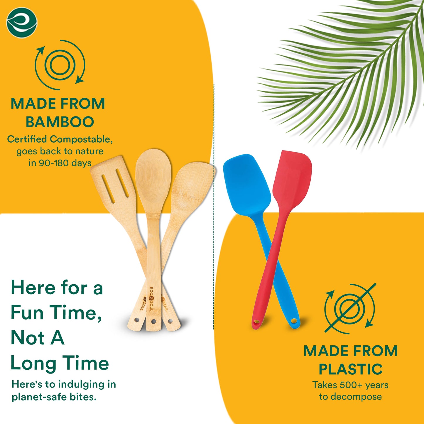 Comparison of compostable bamboo utensils and plastic spatulas, highlighting eco-friendliness and decomposition times.