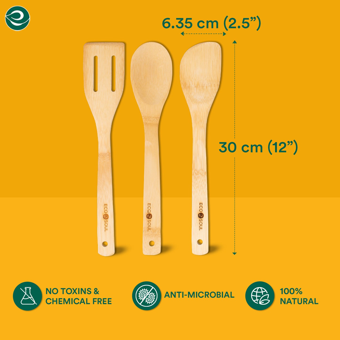 EcoSoul Home bamboo kitchen utensils set, 30cm long, 6.35cm wide, non-toxic, anti-microbial, 100% natural, chemical-free