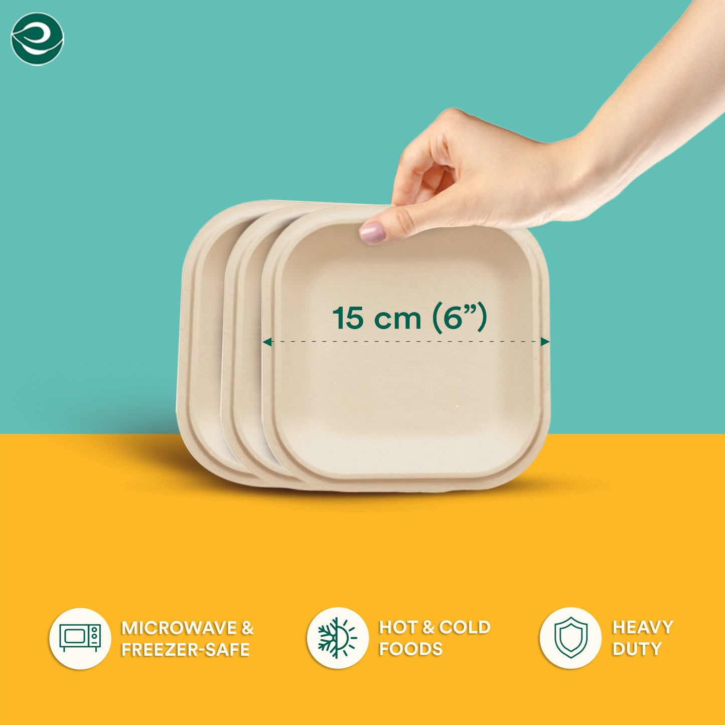 EcoSoul Home 6-inch square plates, 15cm size, microwave and freezer-safe, durable, for hot and cold foods, eco-friendly