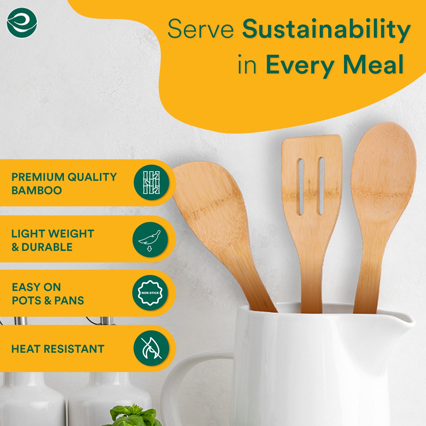 Three bamboo kitchen utensils in a white jug, with features listed: premium quality, durable, non-stick safe, and heat resistant.