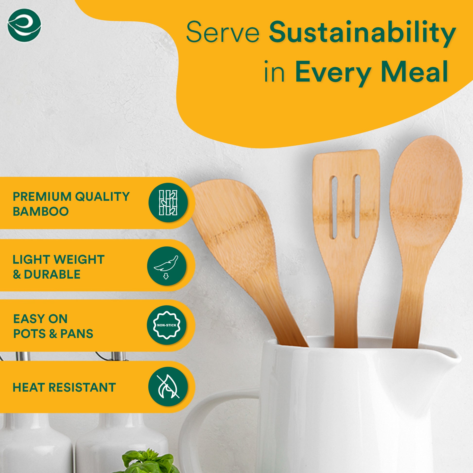 Three bamboo kitchen utensils in a white jug, with features listed: premium quality, durable, non-stick safe, and heat resistant.