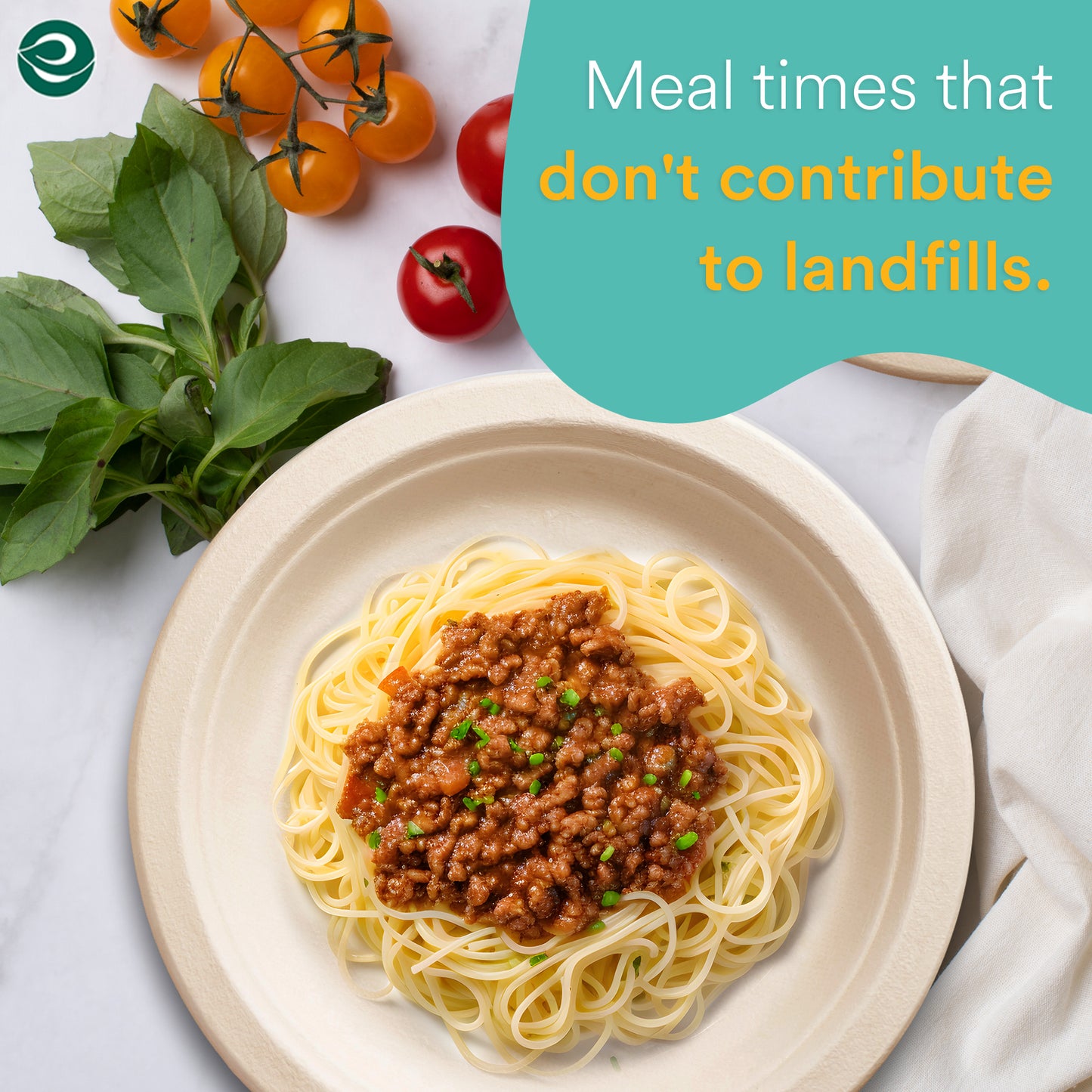 EcoSoul Home compostable plate with spaghetti, eco-friendly dinnerware for zero-waste meals, sustainable lifestyle choice.