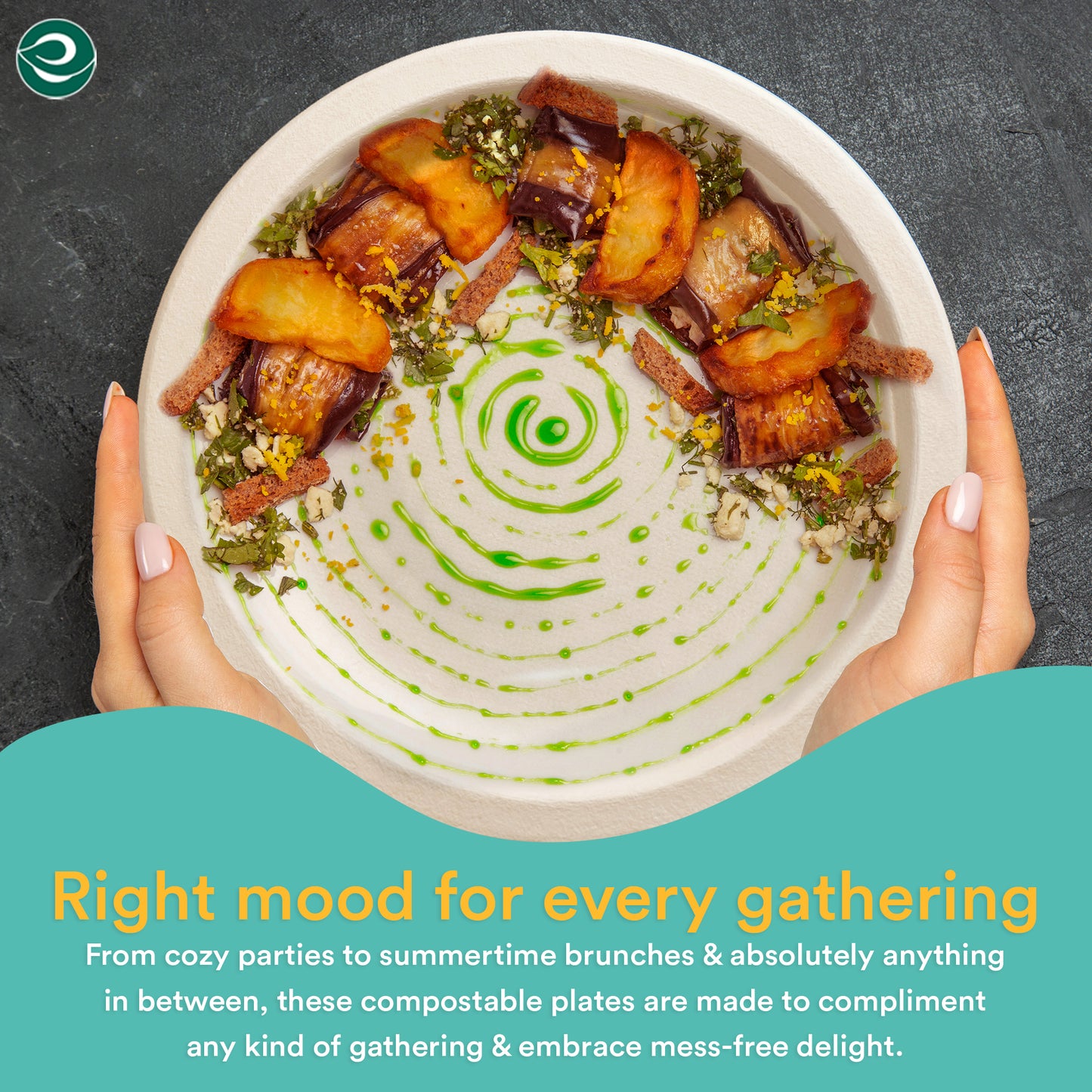 EcoSoul Home compostable plate with a gourmet dish—perfect for parties, brunches, and eco-friendly, mess-free gatherings.