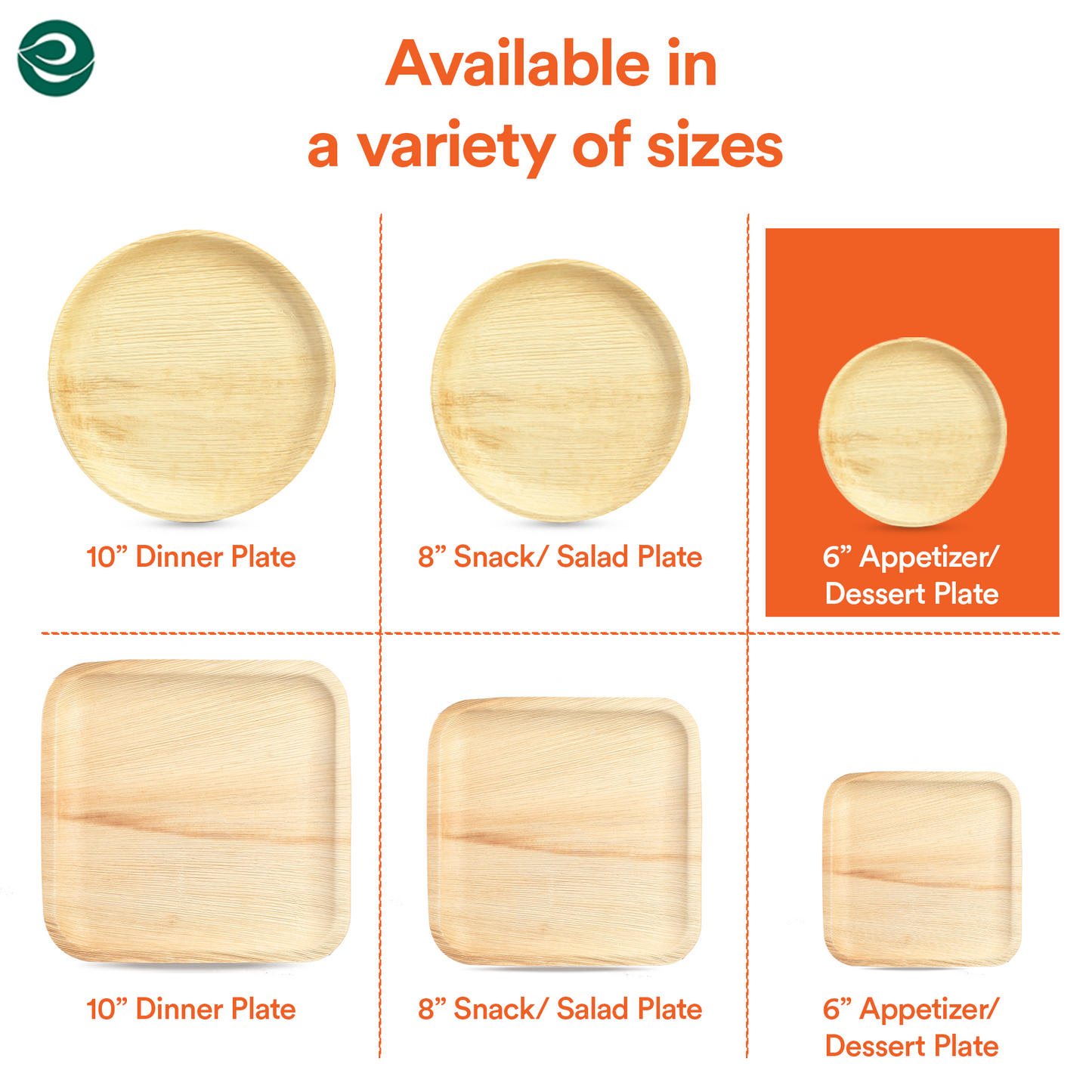 Collection of Palm leaf disposable plates available in a variety of sizes.