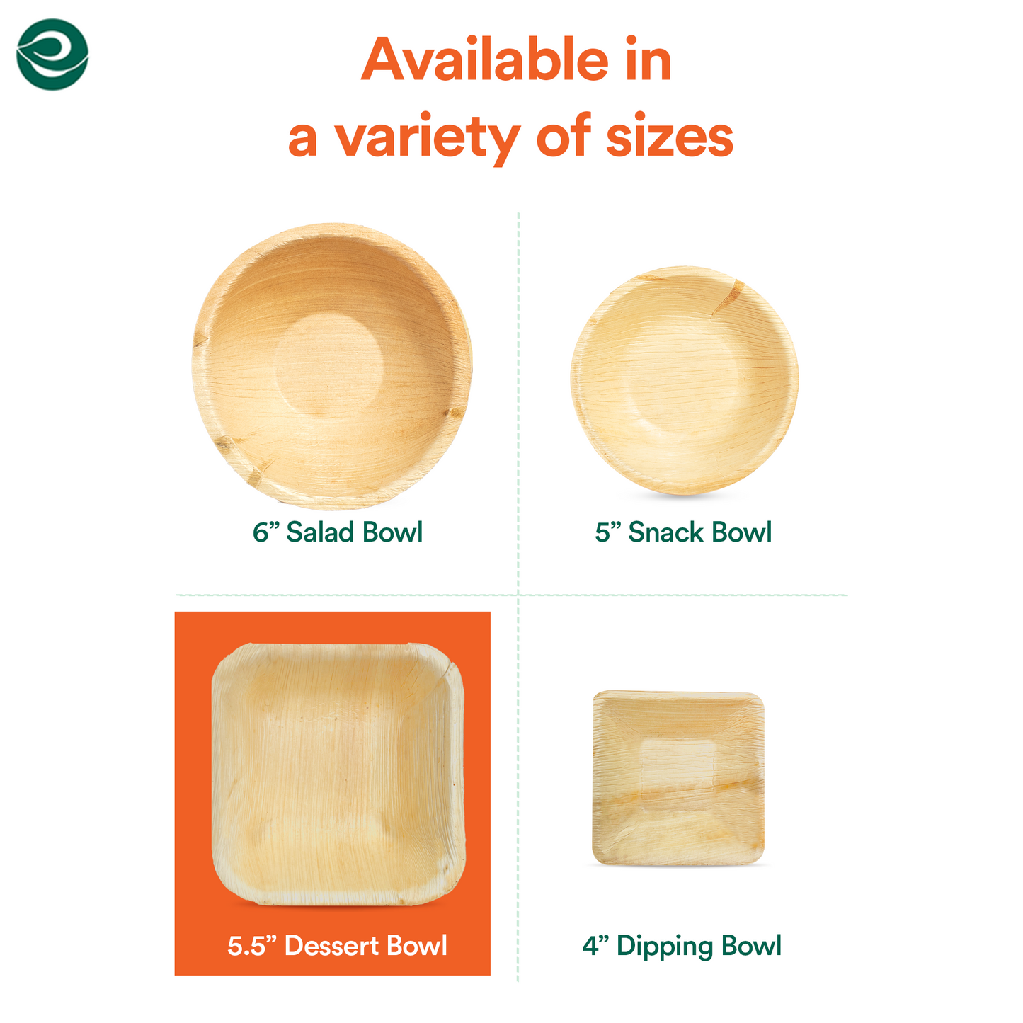 Eco-friendly compostable palm leaf bowls available in variety of sizes.