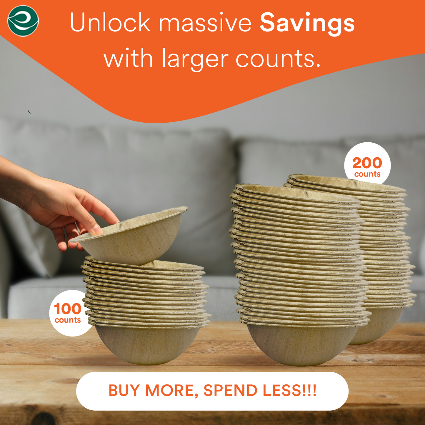 Eco-friendly disposable bowls, set of 100 and 200 counts.