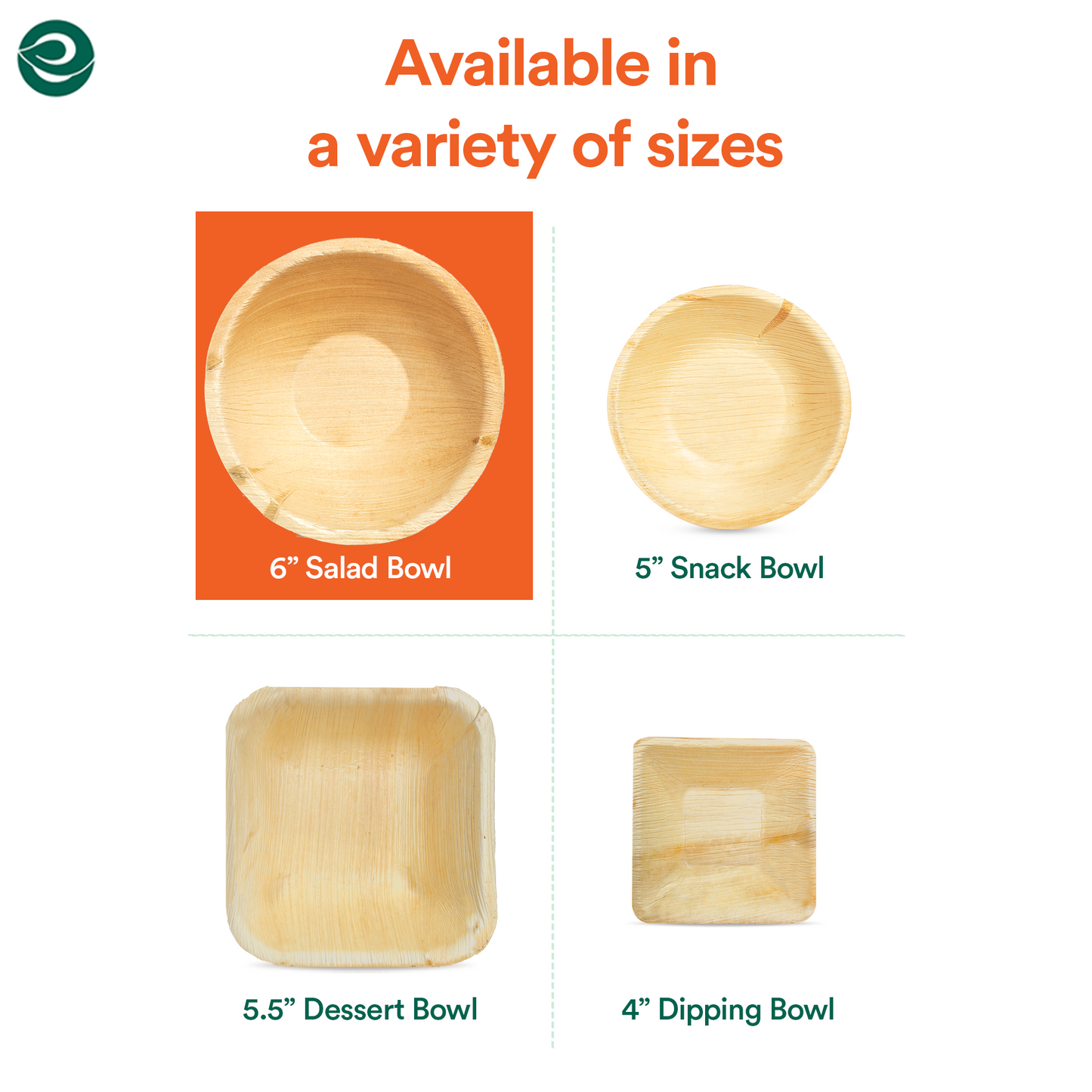 Compostable palm leaf bowls available in veriety of sizes.