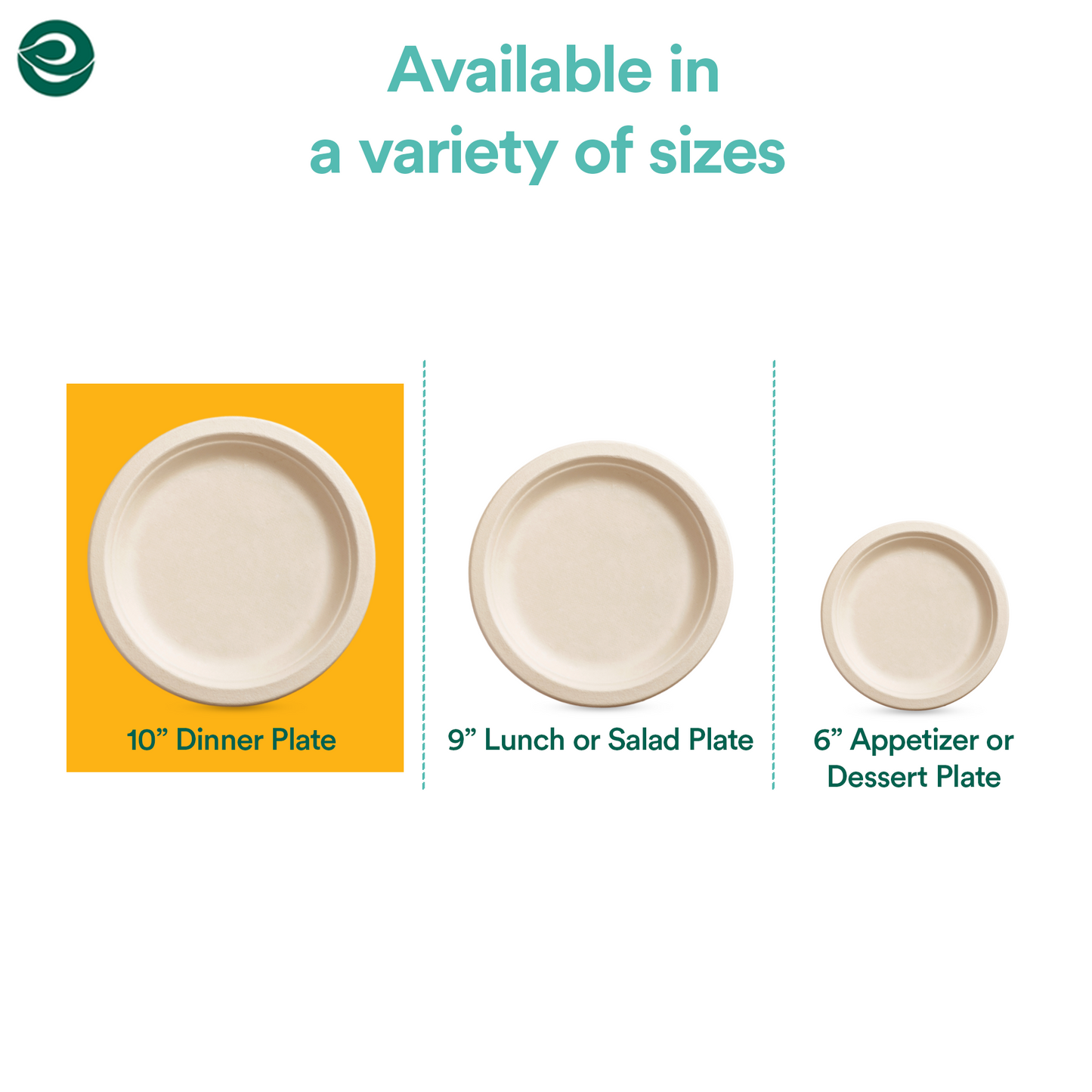 EcoSoul Home compostable plates in 10-inch dinner, 9-inch salad, and 6-inch dessert sizes, eco-friendly disposable tableware.