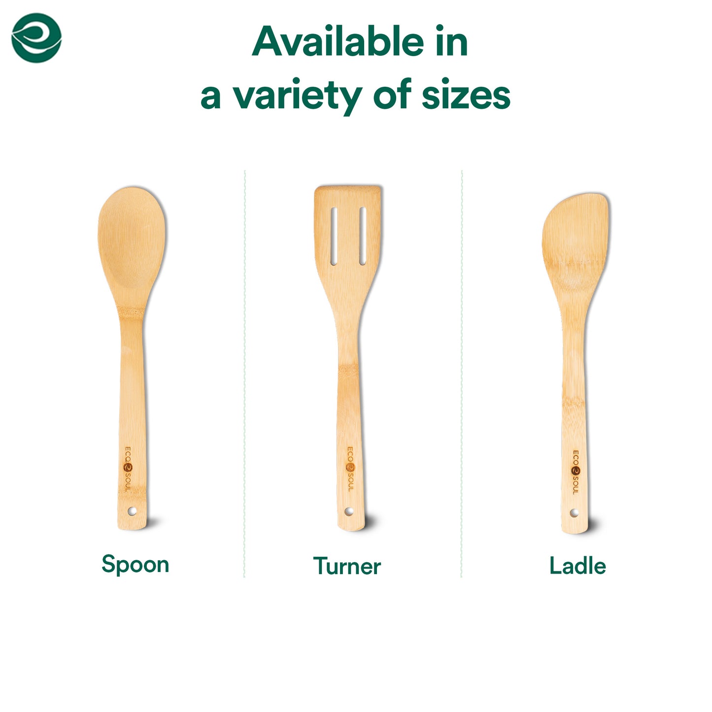 Bamboo kitchen utensils—spoon, turner, and ladle—displayed vertically with labels and size variation note above.