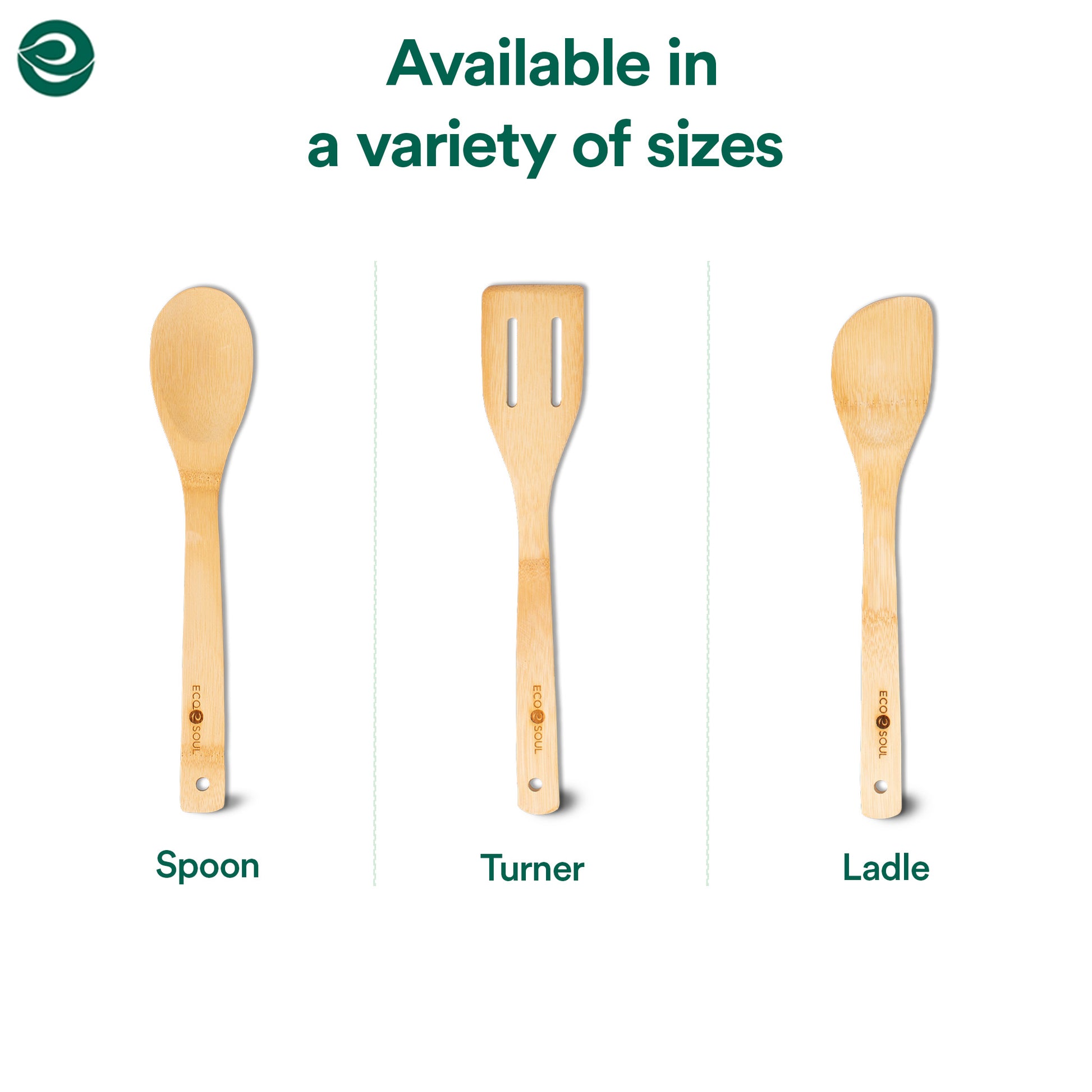 Bamboo kitchen utensils—spoon, turner, and ladle—displayed vertically with labels and size variation note above.