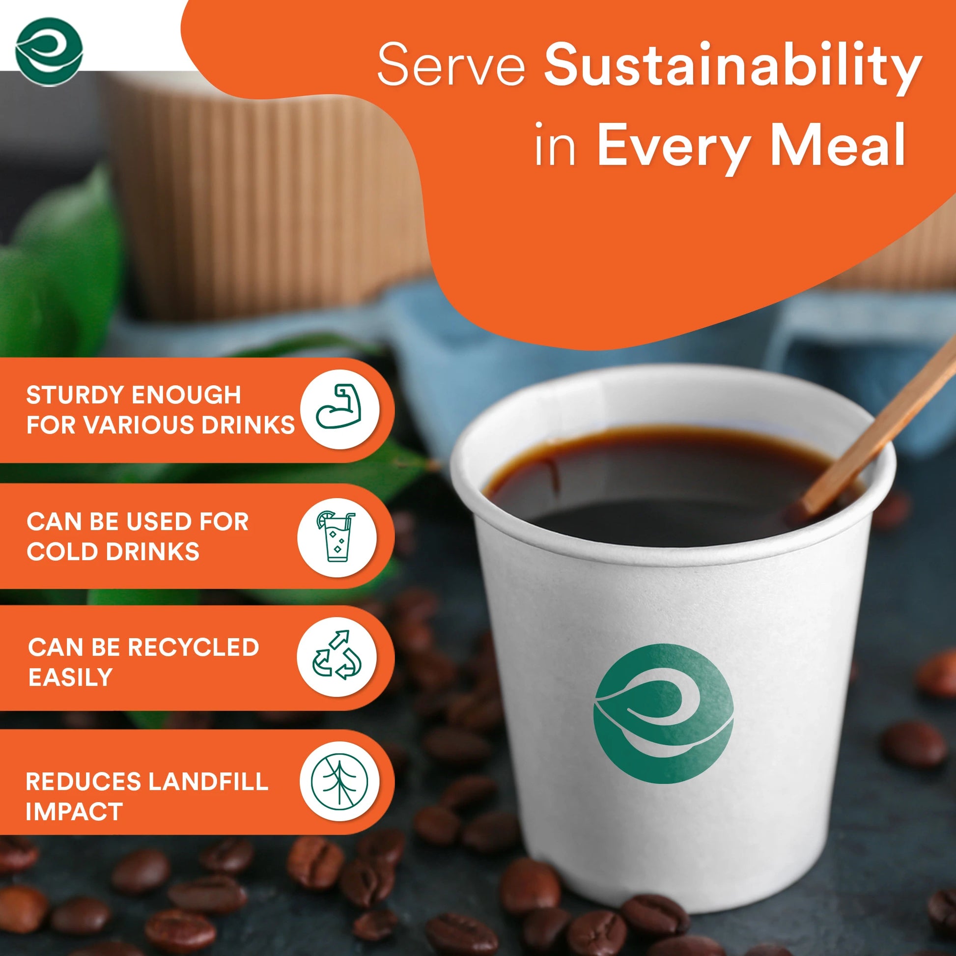 Eco-friendly disposable paper cups for hot and cold drinks.