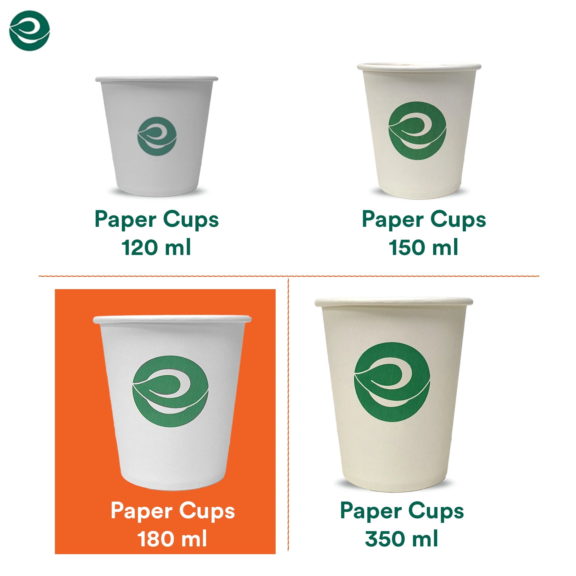 Eco-friendly disposable paper cups available in multiple sizes.