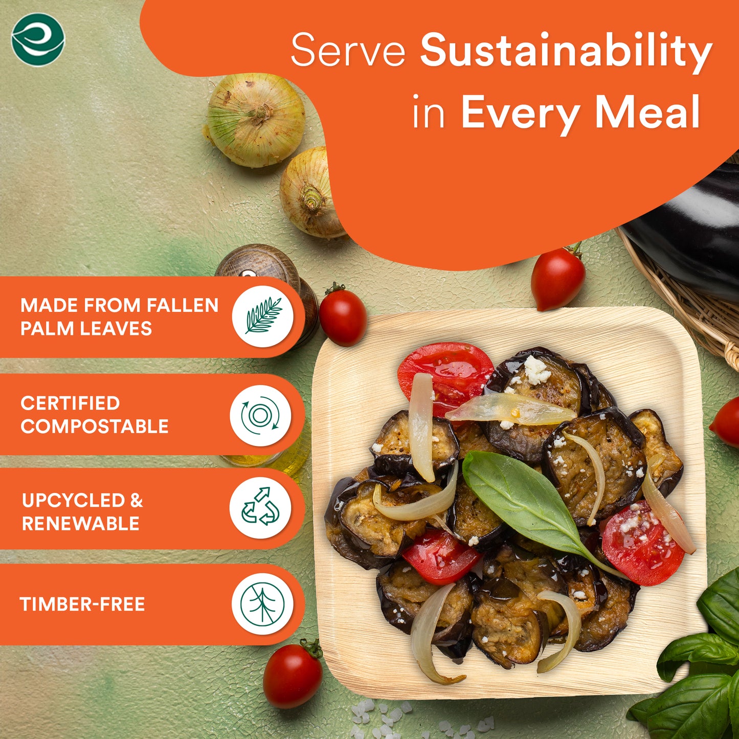 Certified compostable palm leaf disposable plates.