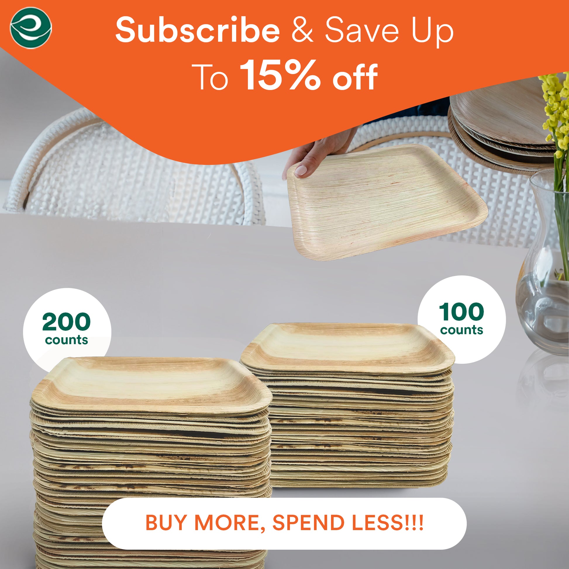 6 inch square palm leaf plates in bundles set of 200 and 100 counts