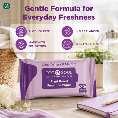EcoSoul Plant-Based Feminine Wipes For Women| 30 Eco-Friendly Wipes Each (Pack of 2)