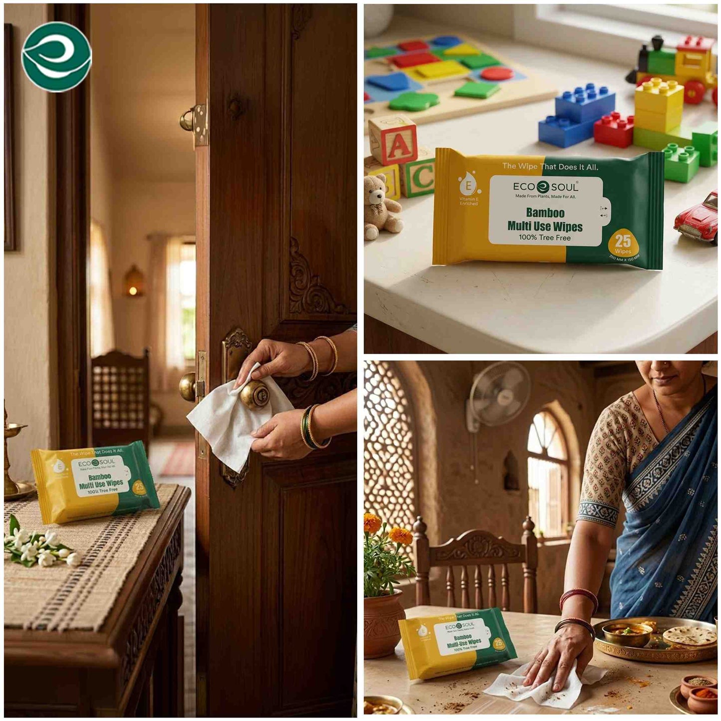 ECO SOUL Bamboo Multi Use Wipes, 25 Pulls Each, Pack of 1, 100% Natural & Eco-Friendly