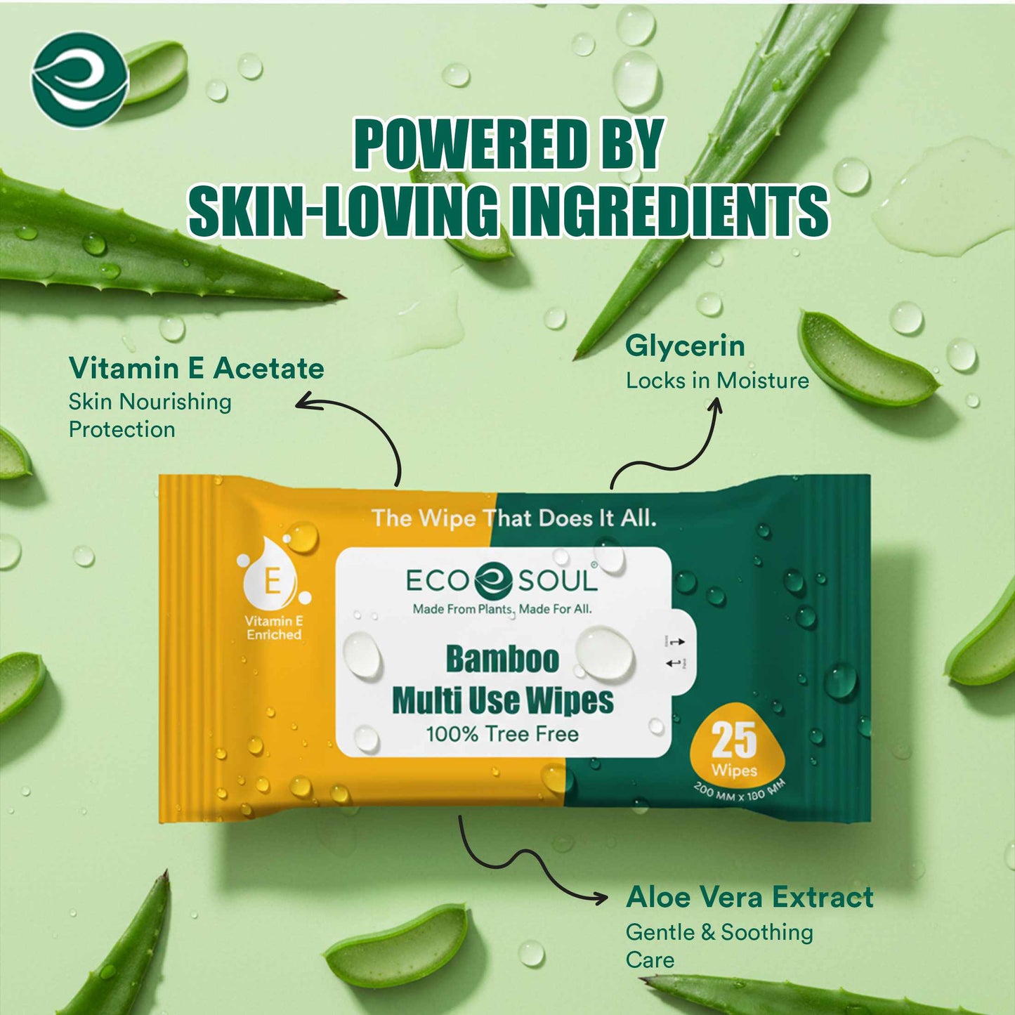 ECO SOUL Bamboo Multi Use Wipes, 25 Pulls Each, Pack of 1, 100% Natural & Eco-Friendly