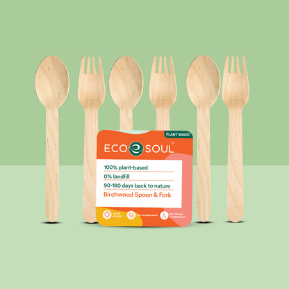 Disposable spoon and fork set made from natural birchwood.