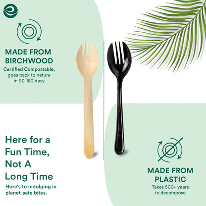 Eco-friendly disposable birchwood spork, a better alternative to plastic sporks.