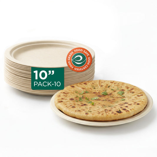 Compostable Bagasse Plates, 10 inch, Natural, Round