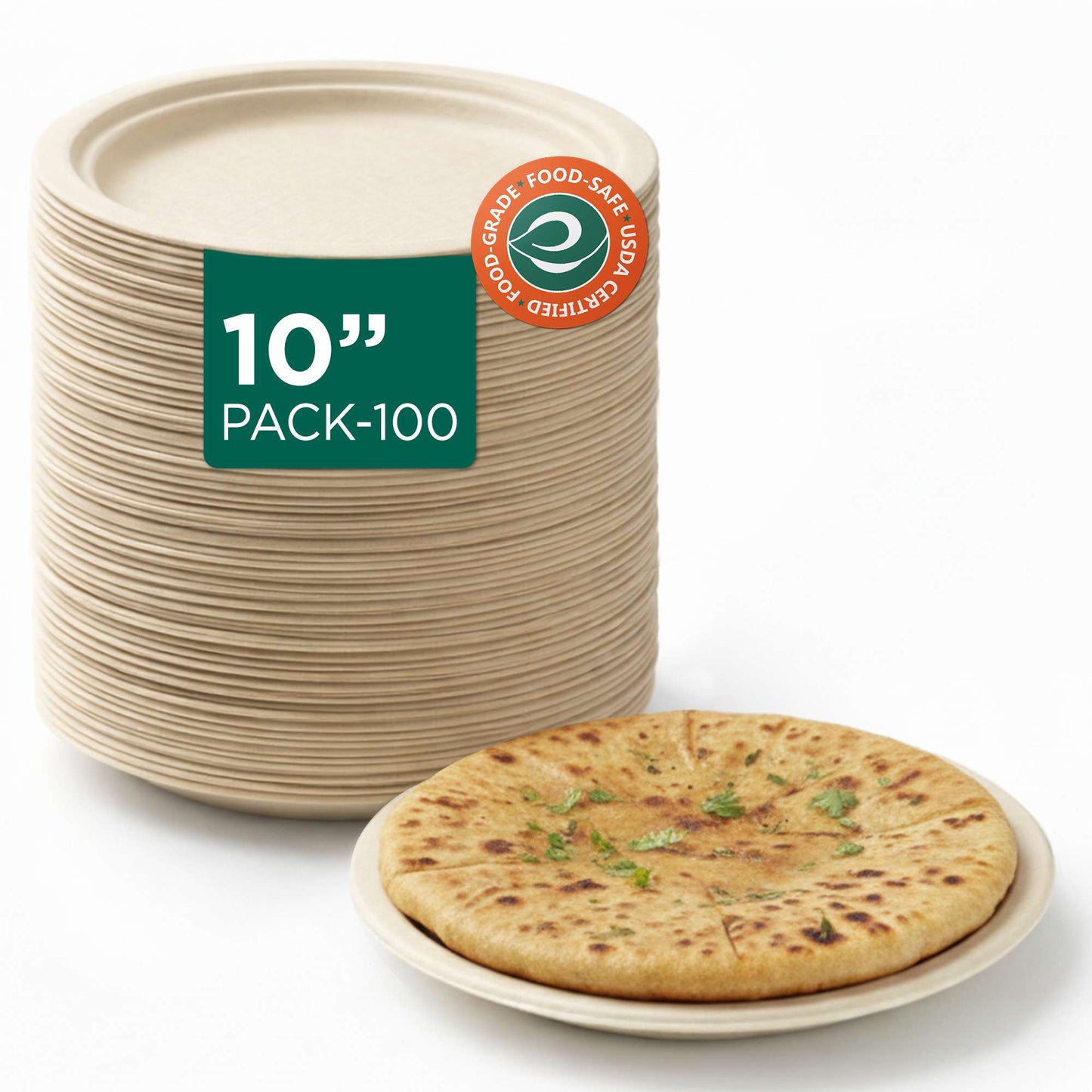 Compostable Bagasse Plates, 10 inch, Natural, Round