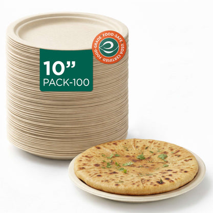 Compostable Bagasse Plates, 10 inch, Natural, Round