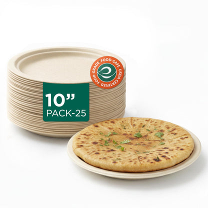 Compostable Bagasse Plates, 10 inch, Natural, Round