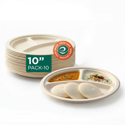 10 Inch Round 3 Compartment Disposable Bagasse Plates