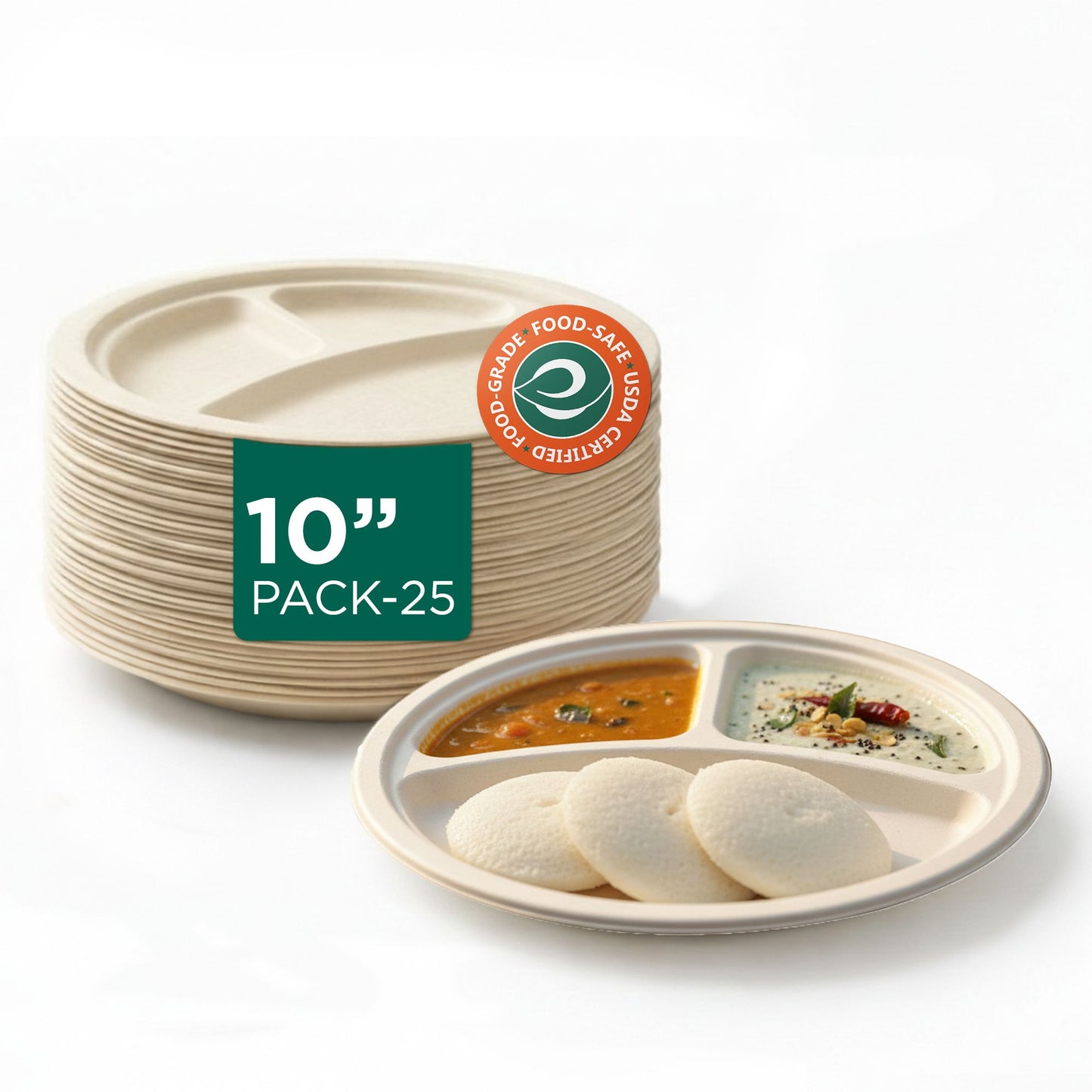 10 Inch Round 3 Compartment Disposable Bagasse Plates