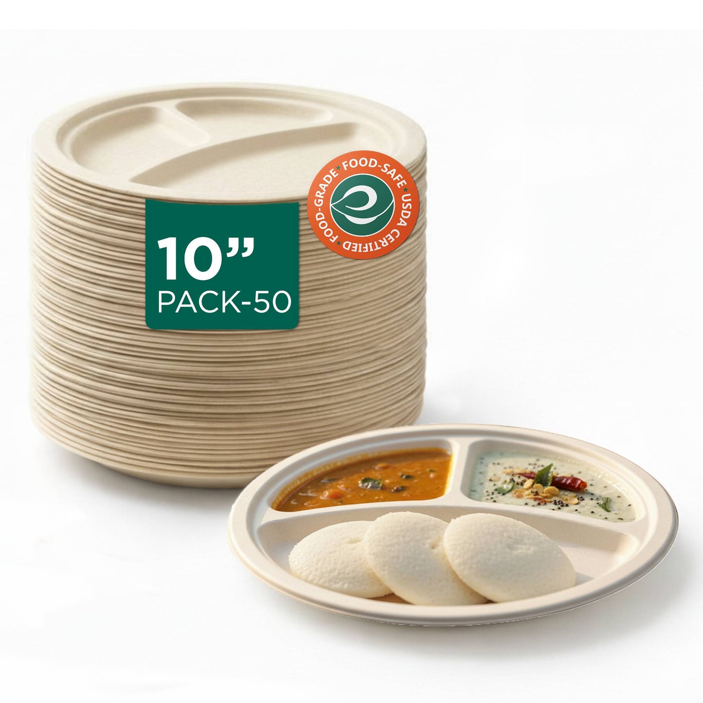 10 Inch Round 3 Compartment Disposable Bagasse Plates