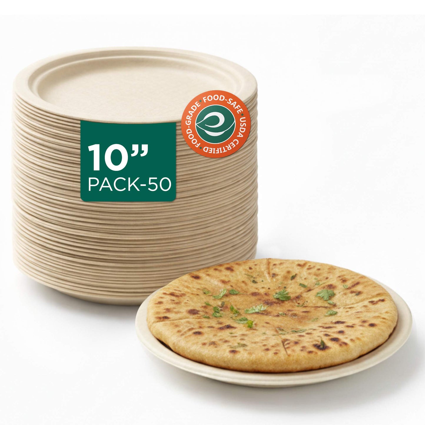 Compostable Bagasse Plates, 10 inch, Natural, Round