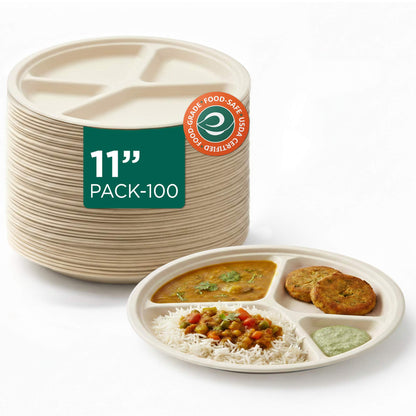 11 Inch Round 4 Compartment Disposable Bagasse Plates