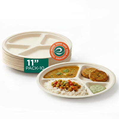 11 Inch Round 4 Compartment Disposable Bagasse Plates
