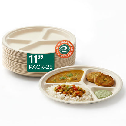 11 Inch Round 4 Compartment Disposable Bagasse Plates