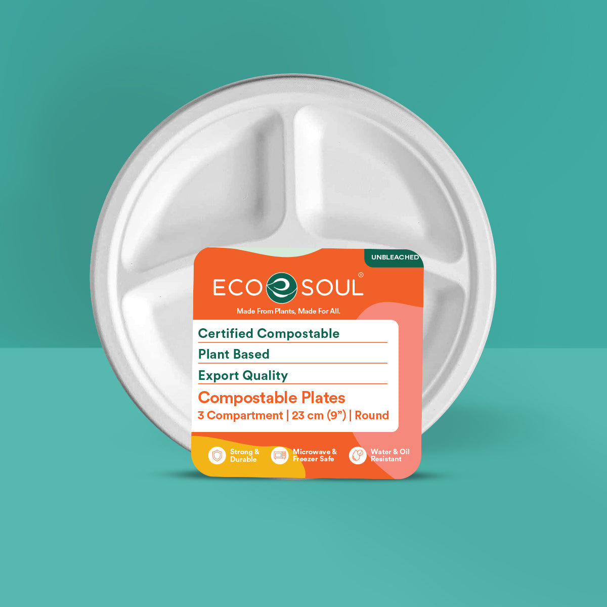 Eco-friendly 3 compartment compostable plate made by sugarcane bagasse.