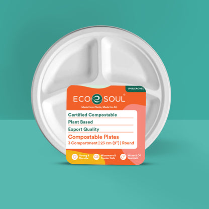 Eco-friendly 3 compartment compostable plate made by sugarcane bagasse.