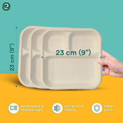 Compostable Bagasse Plates- 3 Compartment Meal Tray, Natural