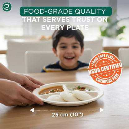 10 Inch Round 3 Compartment Disposable Bagasse Plates