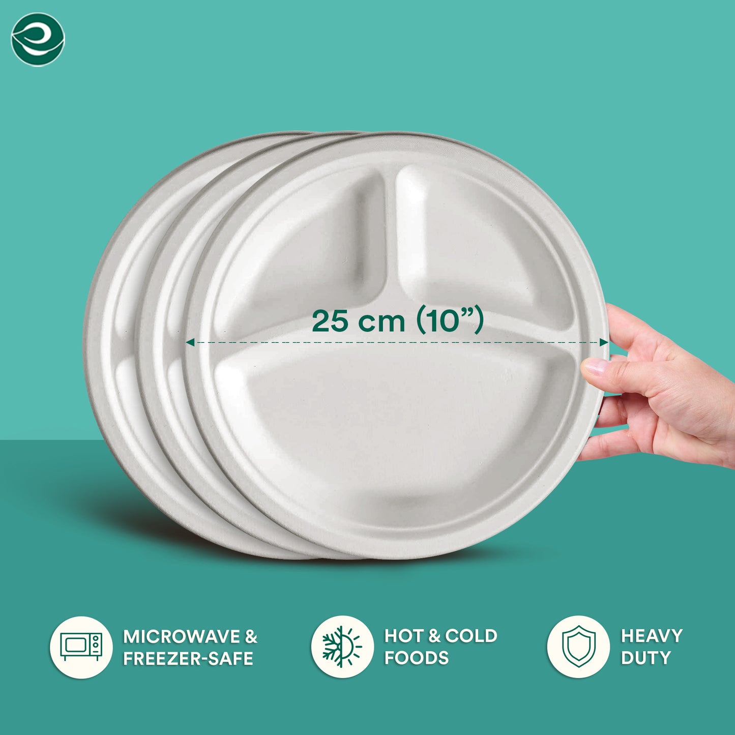 10 Inch Round 3 Compartment Disposable Bagasse Plates