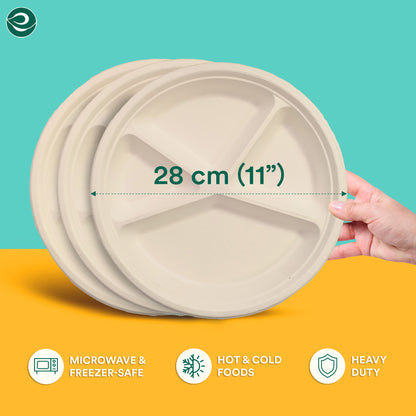 11 Inch Round 4 Compartment Disposable Bagasse Plates