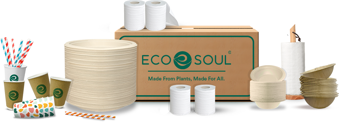 EcoSoul bulk product display – wide range of compostable tableware for mass purchase