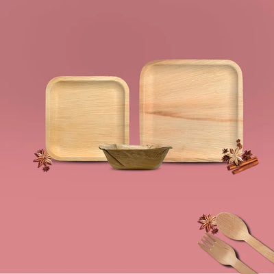Disposable Square Palm Leaf Plates and Bowl Set