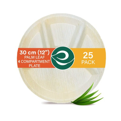 12 Inch Round 4 Compartment Palm Leaf Plate| Set of 25