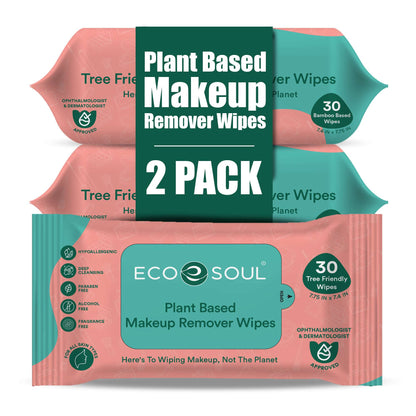 EcoSoul Makeup Remover Wipes Plant-Based 30 Count Per Pack (Pack of 2)